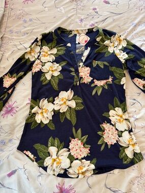 Navy Floral Long-Sleeve Henley Tee with Chest Pocket